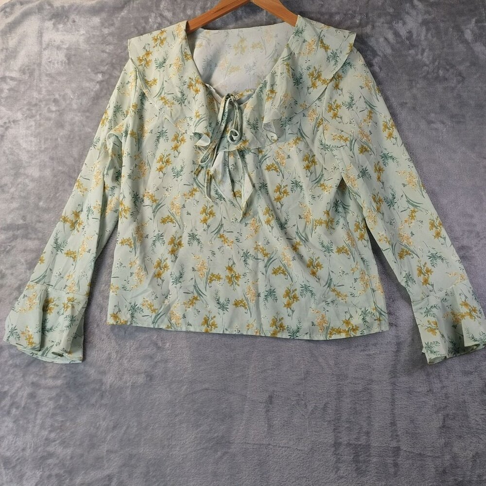 Vintage Floral Ruffle Blouse Mint Yellow Ditsy Print‎ Tie Neck Flare Sleeve